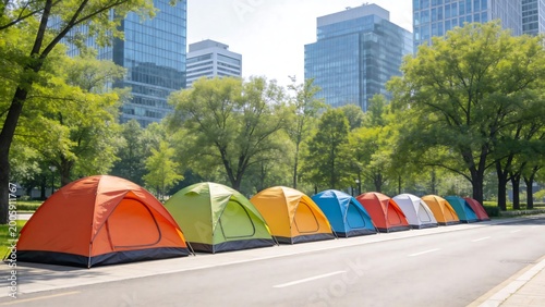 Colorful tents lined up in urban park