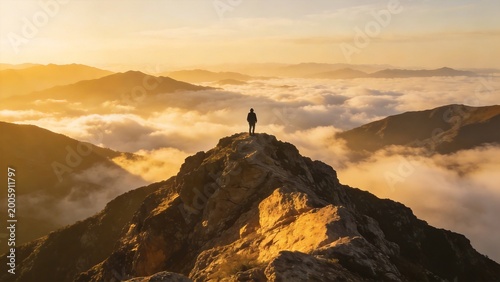 Person standing on mountain peak above clouds