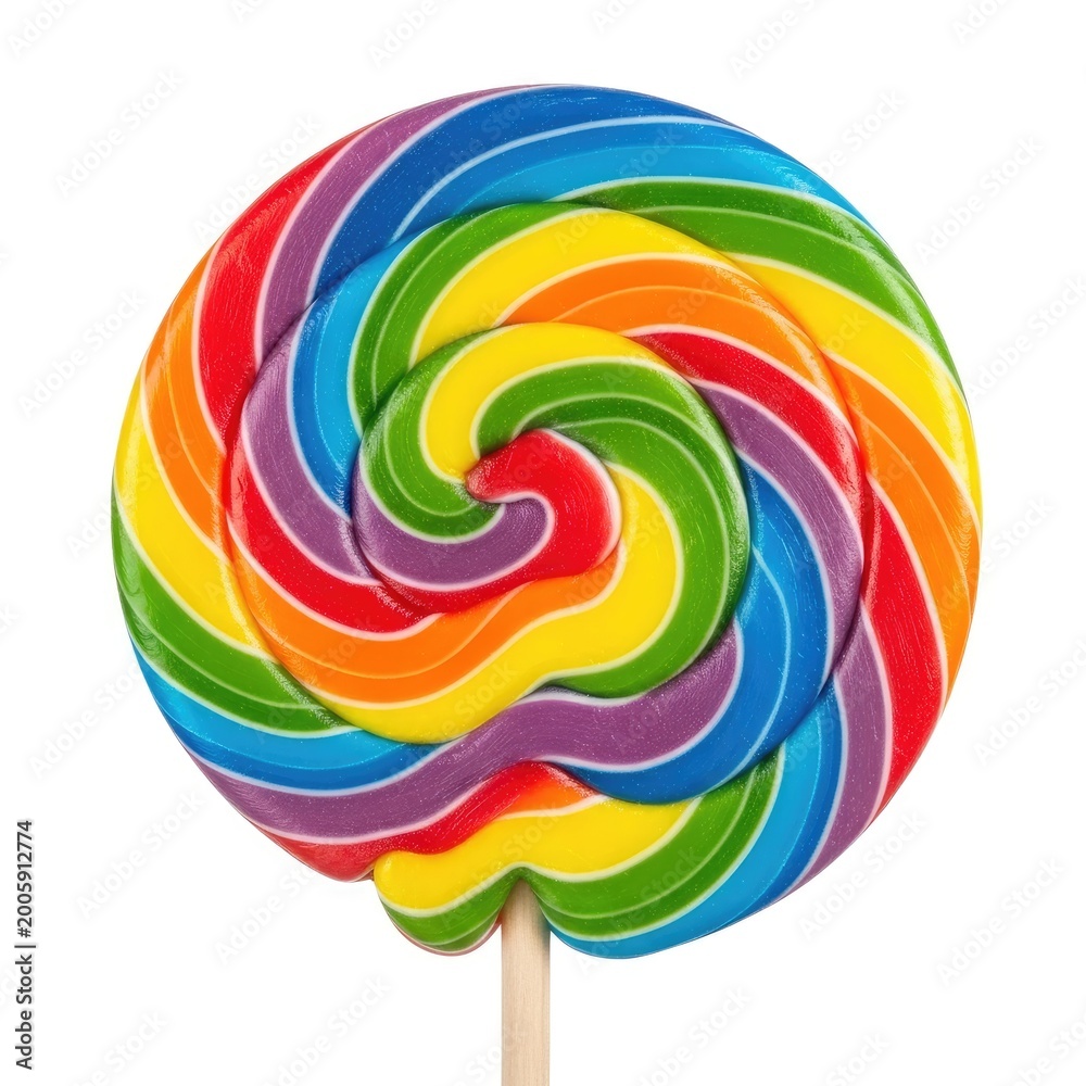 Obraz premium Vibrant Rainbow Swirl Lollipop Candy on White Background.