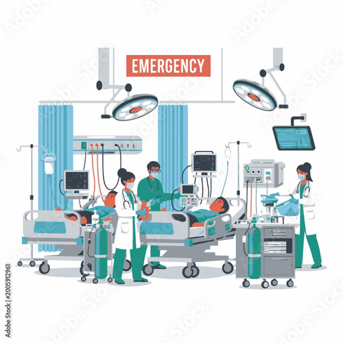 Εκτύπωση καμβά Medical team working in an emergency room with patients in beds and advanced equipment