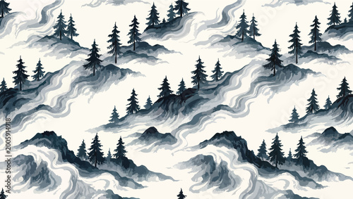 Seamless pattern of dark blue pine trees on misty mountain slopes in a watercolor style.