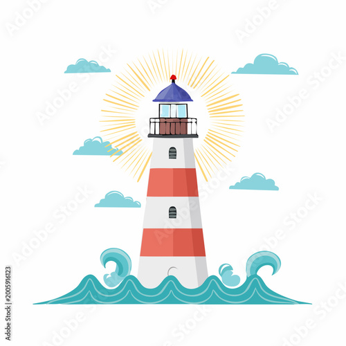 Cartoon Lighthouse with Waves and Clouds