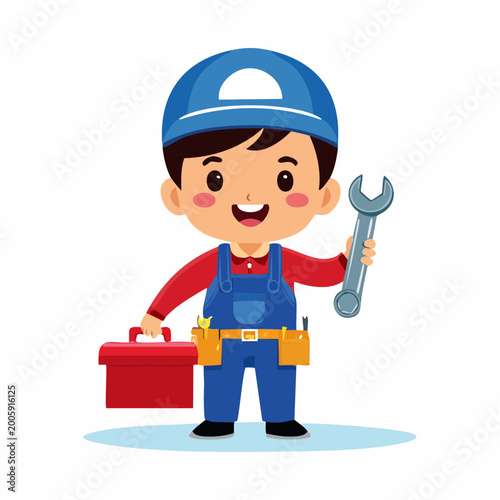 Cartoon Mechanic Boy Holding Wrench and Toolbox
