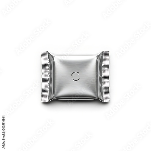 Small silver foil-wrapped mint or candy resting on a plain background