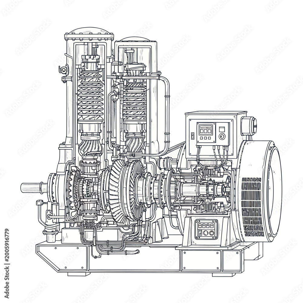 Obraz premium Industrial Turbine Generator Cutaway Drawing, Engineering Blueprint