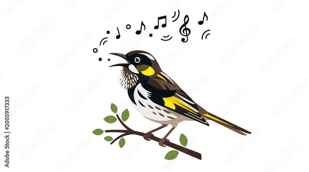 Obraz premium Singing Honeyeater Bird Perched on Branch with Musical Notes Vector