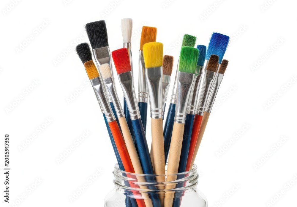Fototapeta premium Assorted paintbrushes in a clear glass holder