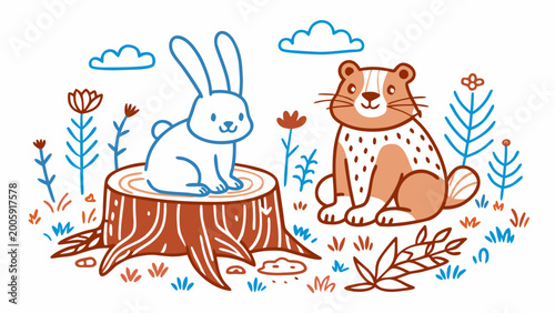 Cute vector illustration of forest animals: rabbit and bear in a forest scene, vector in cartoon style
