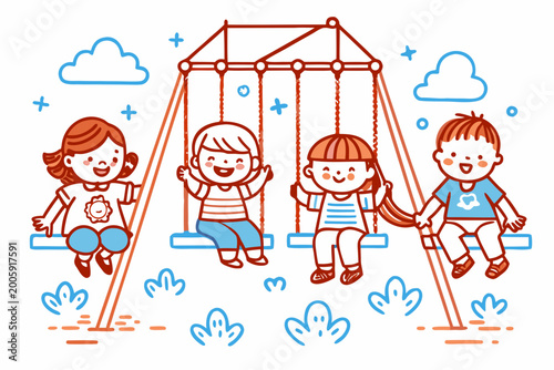 Children on a swing vector illustration. Summer vacation, children's fun, children's clipart