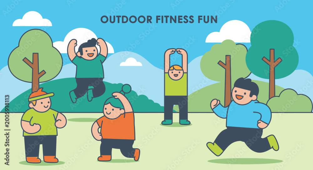 Obraz premium People exercising outdoors in a park with trees and green grass happily