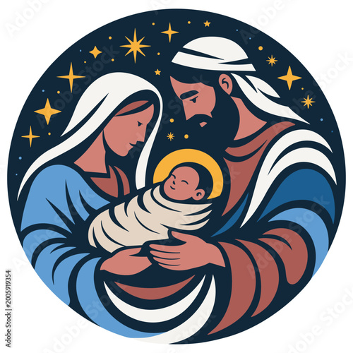 Εκτύπωση καμβά Holy family nativity scene with joseph mary and baby jesus surrounded by bright stars