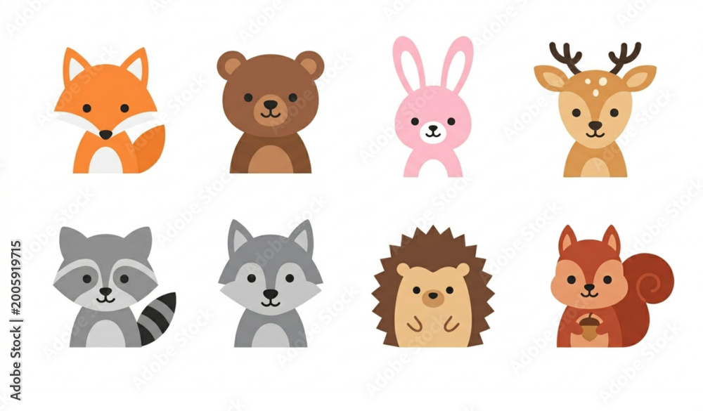 Fototapeta premium Minimal cute forest animal icon set with bright cartoon wildlife characters vector illustration isolated on white