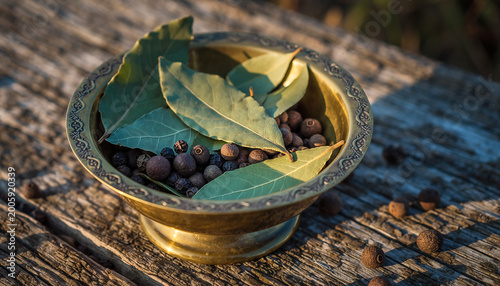 green tea leaves on wooden table