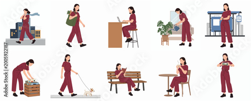 Collection of Flat Design Female Character Poses Depicting Daily Activities and Lifestyle Choices