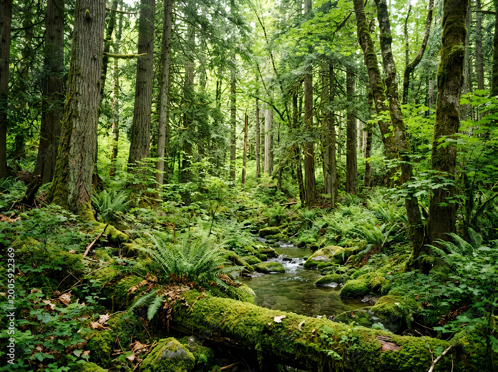 Obraz premium Lush temperate rainforest landscape with mossy logs, vibrant green ferns and a small forest stream, ancient woodland ecosystem with tall trees 4k, Premium Quality,