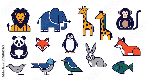 Canvas Print A collection of colorful, minimalist cartoon animal icons including a lion, elephant, giraffes, monkey, panda, foxes, penguin, rabbit, birds, and fish