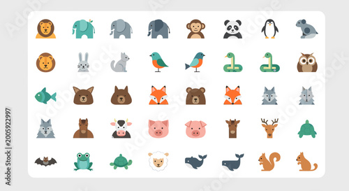 Canvas Print A comprehensive collection of diverse animal icons in a flat design style, featuring various mammals, birds, reptiles, and aquatic creatures