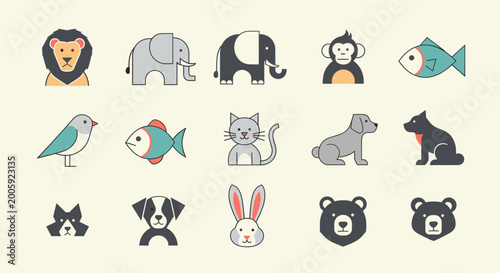 Photography A collection of cute cartoon animal icons featuring a lion, elephants, monkey, fish, bird, cat, dog, rabbit, and bear on a light background