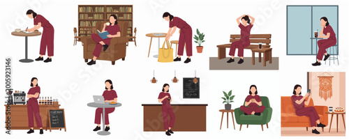 Minimalist Flat Design Collection of a Woman Engaged in Various Relaxed Activities in Cafe and Home Settings