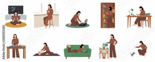 Flat Design Minimalist Woman Performing Various Daily Activities Collection Set