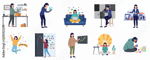Foto Collection of Diverse Business and Lifestyle Scenarios with a Woman Performing V