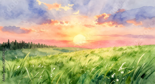 watercolor sunrise landscape, sunset sky painting, serene nature artwork, dawn horizon illustration, warm sunset colors, peaceful countryside scene, hand painted landscape, soft sky gradient, golden h