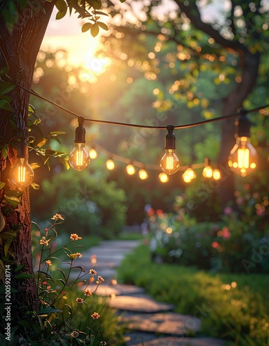 Garden pathway lit by string lights at sunset