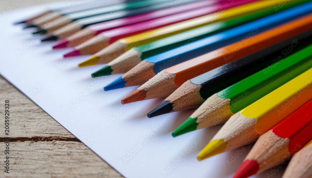 Naklejka premium Vibrant Spectrum of Sharpened Art Pencils Neatly Arranged on Crisp White Paper, Symbolizing Creativity, Artistic Expression, and Educational Pursuits