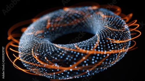 Glowing toroidal grid with dynamic energy trails on black