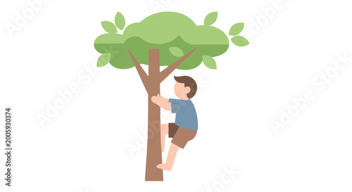 Photos Boy climbing up a tree trunk.