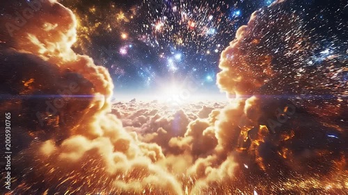 Stunning cosmic sunrise with glowing clouds and sparkling stars in a magical fantasy sky landscape