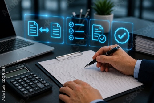 Business professional reviews documents with focus and care. Digital icons float above desk, showing approval workflows. Hand holds pen, ready to sign or annotate key agreements