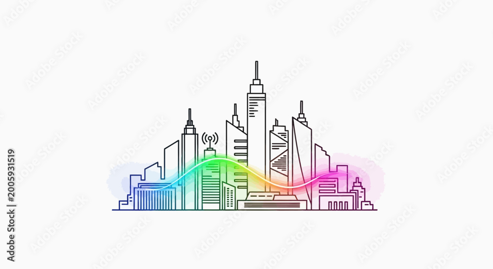 Fototapeta premium Modern city skyline with colorful wave, symbolizing connectivity and innovation