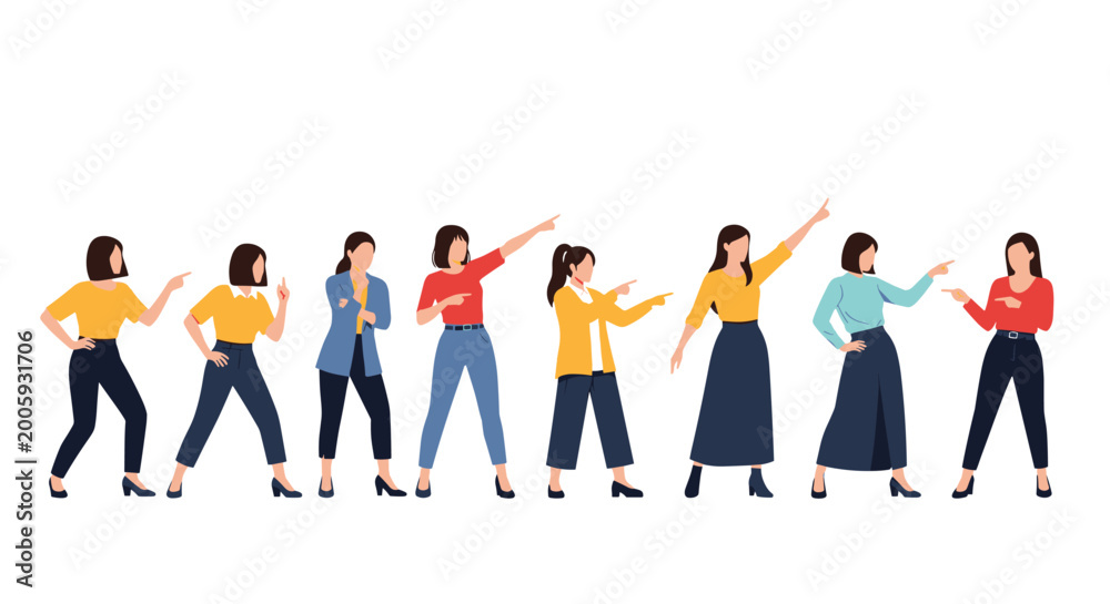 Obraz premium Group of diverse women in casual outfits standing in a row and pointing their fingers in various directions on a white background.