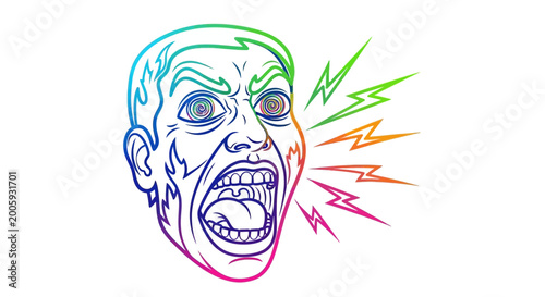 Man Screaming in Rage with Colorful Lightning Bolts