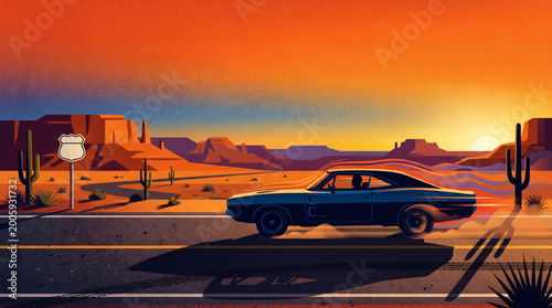 A classic blue muscle car speeding down a desert highway during a vibrant sunset. Retro illustration with mesas, cacti, and route sign.