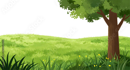 Tableau sur toile cartoon hills landscape illustration, green rolling hills with tree, grassy fore