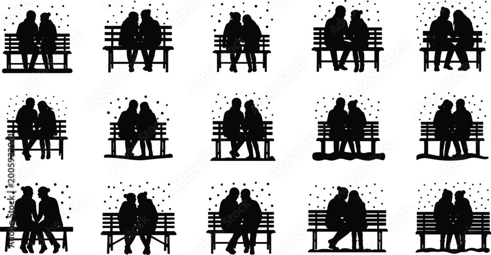 Obraz premium Set of romantic couple silhouettes sitting on park benches while snowing in cold winter weather