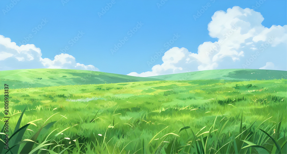 Fototapeta premium anime landscape illustration, tranquil green hills scene, blue sky with clouds, peaceful countryside anime, rolling hills background, bright nature scenery, grassy field anime art, soft cloud sky desi