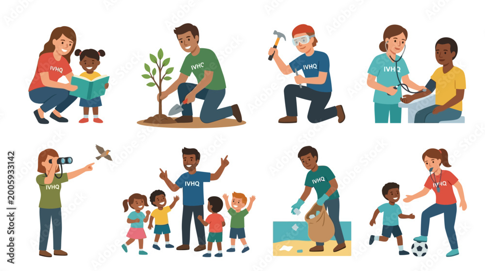 Fototapeta premium A collection of diverse volunteers performing various community service tasks including teaching children and helping with environmental protection efforts