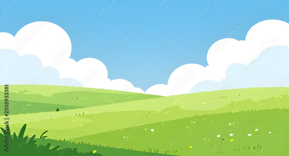 Obraz premium cartoon rolling hills illustration, green hills landscape vector, blue sky with clouds, fluffy white cloud background, nature scenery cartoon, grassy field illustration, sunny outdoor landscape, simpl