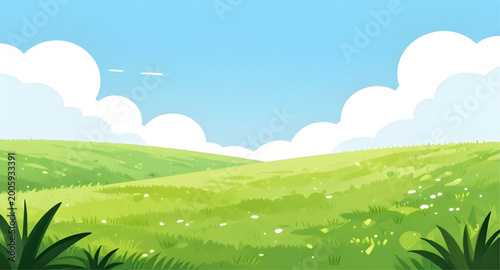 Cuadro en lienzo cartoon rolling hills illustration, green hills landscape vector, blue sky with