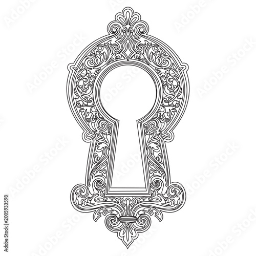 ornate vintage keyhole emblem with baroque floral scrollwork vector illustration