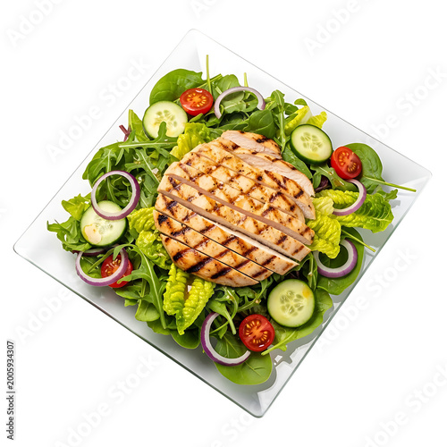 Grilled chicken salad on glass plate
