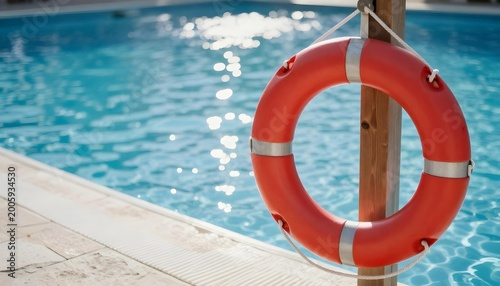A life preserver hangs on a pole near a swimming pool, emphasizing safety and accident prevention for National Safety Month