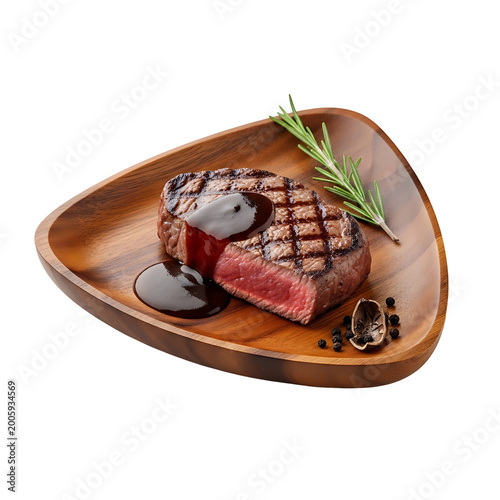 Premium steak with sauce on wooden plate
