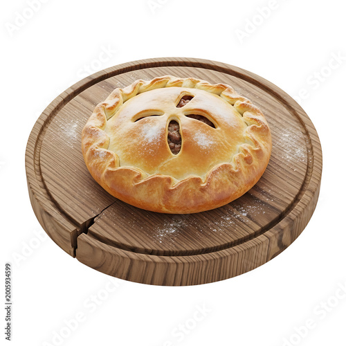 Rustic meat pie on wooden plate
