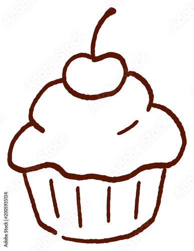 hand drawn cupcake with cherry topping doodle illustration simple sweet dessert line art cute bakery icon for celebration party isolated minimal cartoon style