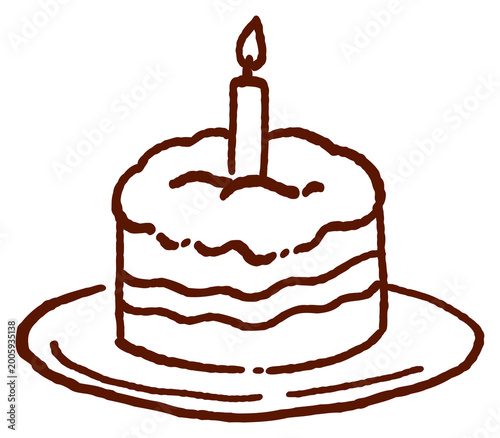 hand drawn birthday cake on plate with candle doodle illustration simple dessert line art festive celebration element isolated minimal cartoon style
