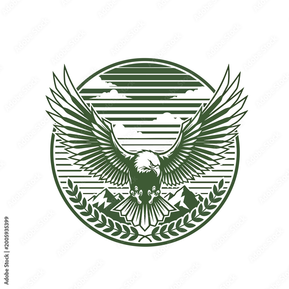Fototapeta premium Stylized Bald Eagle Emblem with Spread Wings and Laurel Wreath.